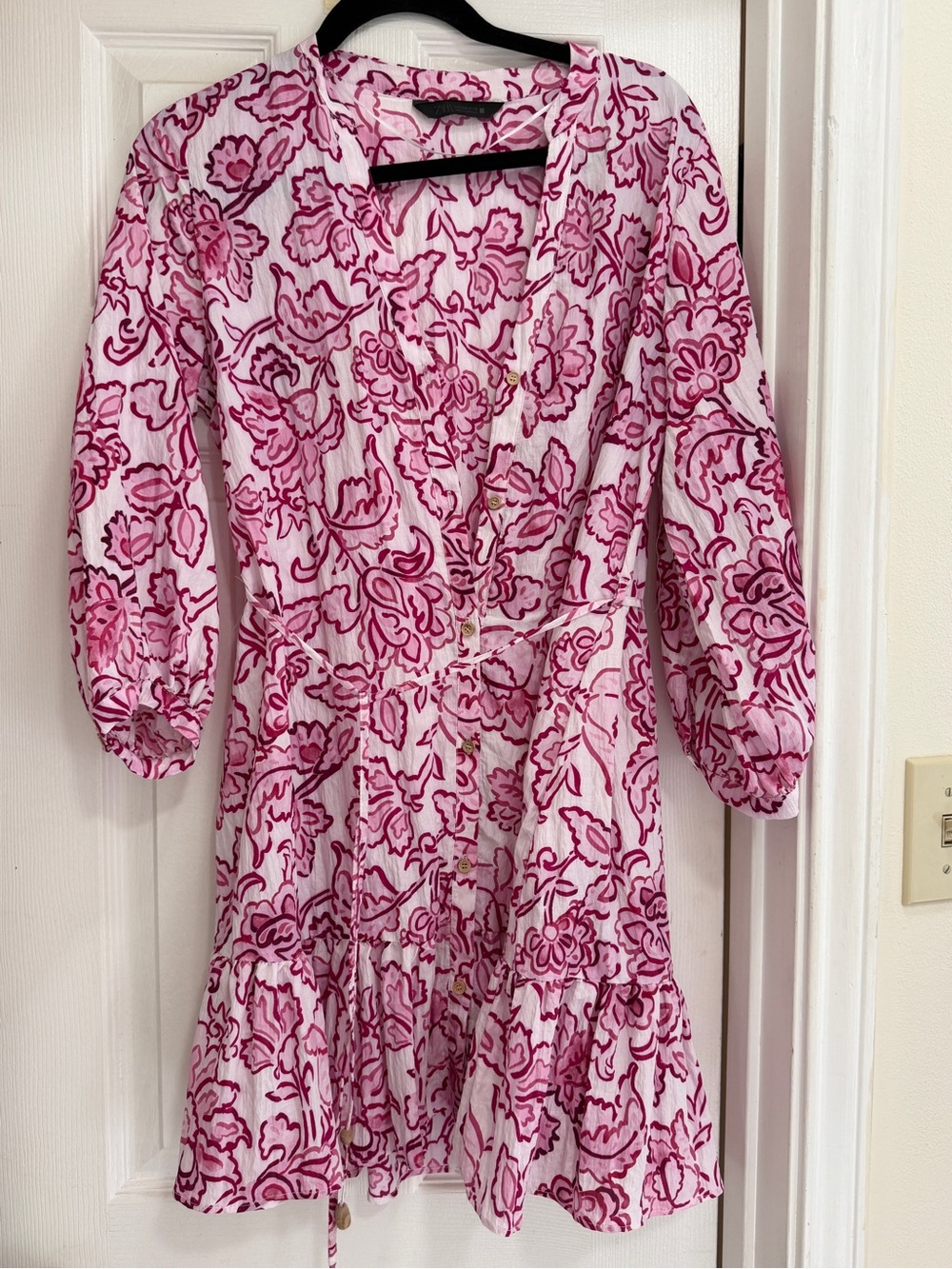 Zara Pink and White Floral Button-Front Mini Dress
